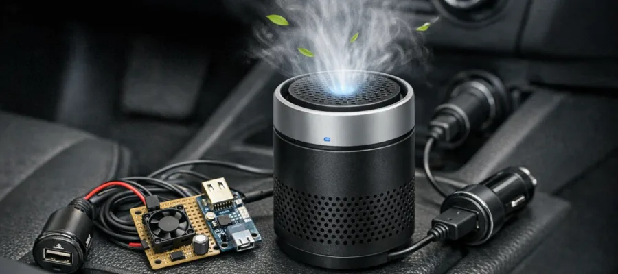 Mini DIY Luftreiniger fuers Auto: kompakter Aufbau und Stromversorgung