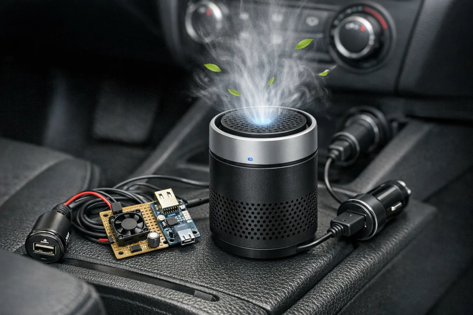 Mini DIY Luftreiniger fuers Auto: kompakter Aufbau und Stromversorgung